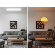 Comparison showing how harsh lighting flattens a room versus how warm sunset lighting elevates the interior design.