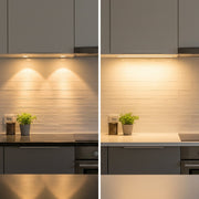 Split screen comparison of kitchen backsplash with scalloped puck lighting versus continuous LED strip lighting.