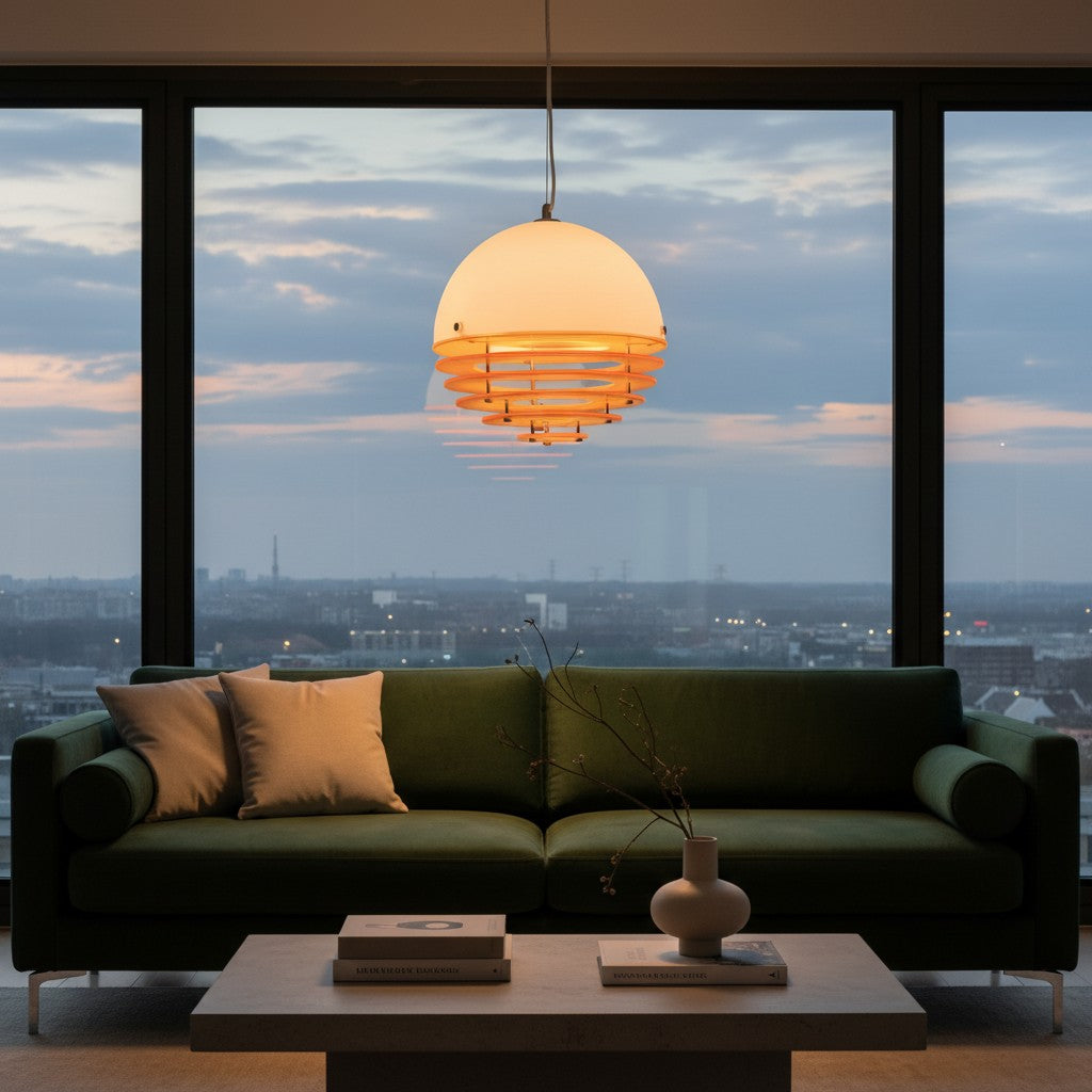 Warm, intimate mood lighting created by the Bauhaus Sunset Pendant Light in a modern living room.