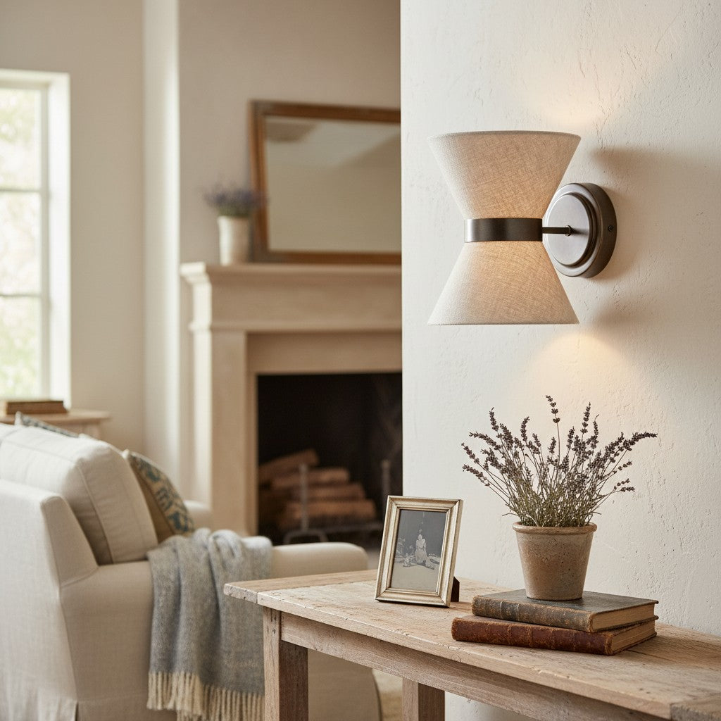 Ankora Bow-Tie Linen Shade Wall Light with Aged Brass Finish for Hallway and Bedroom