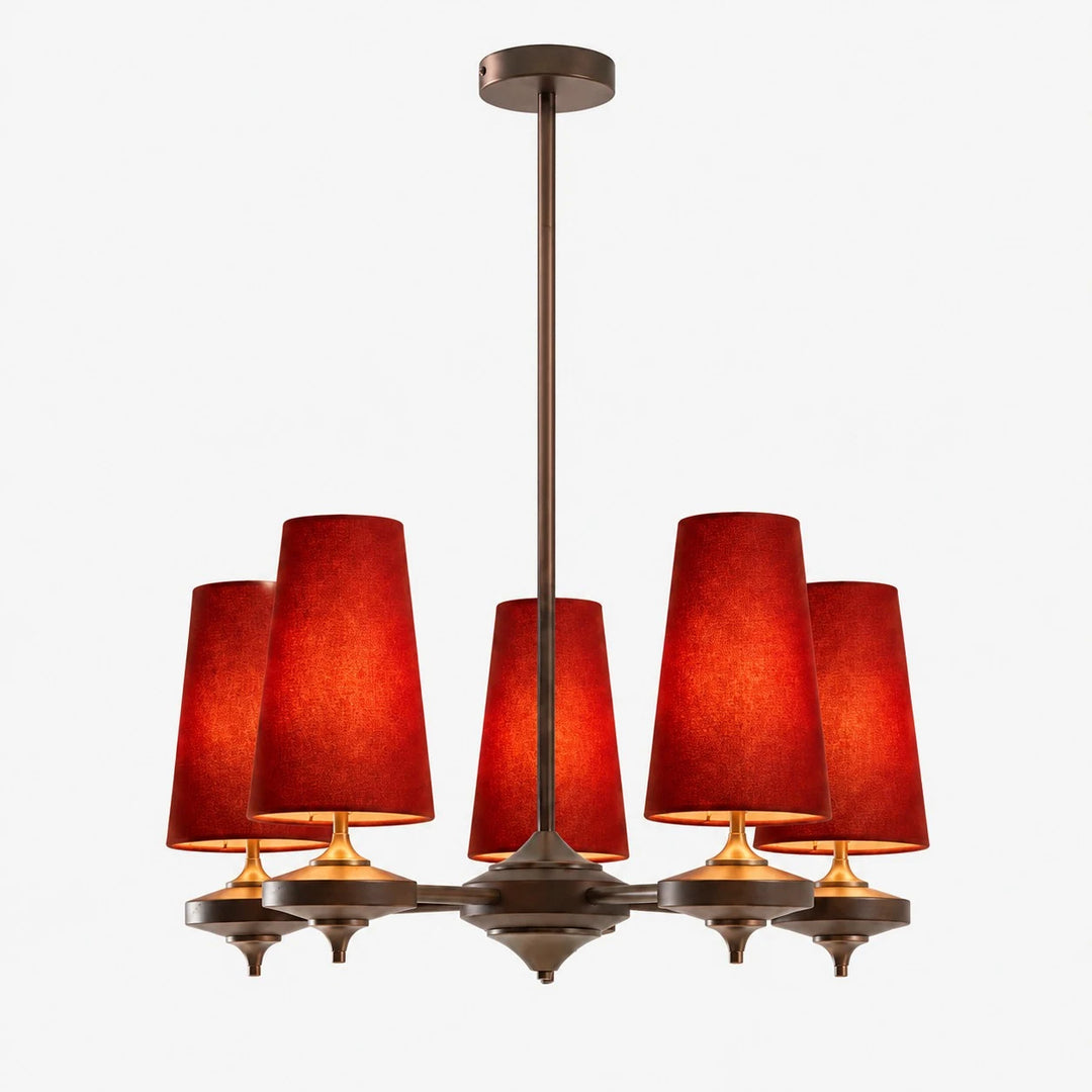 Hour Rho chandelier with red velvet shades, 5 lights