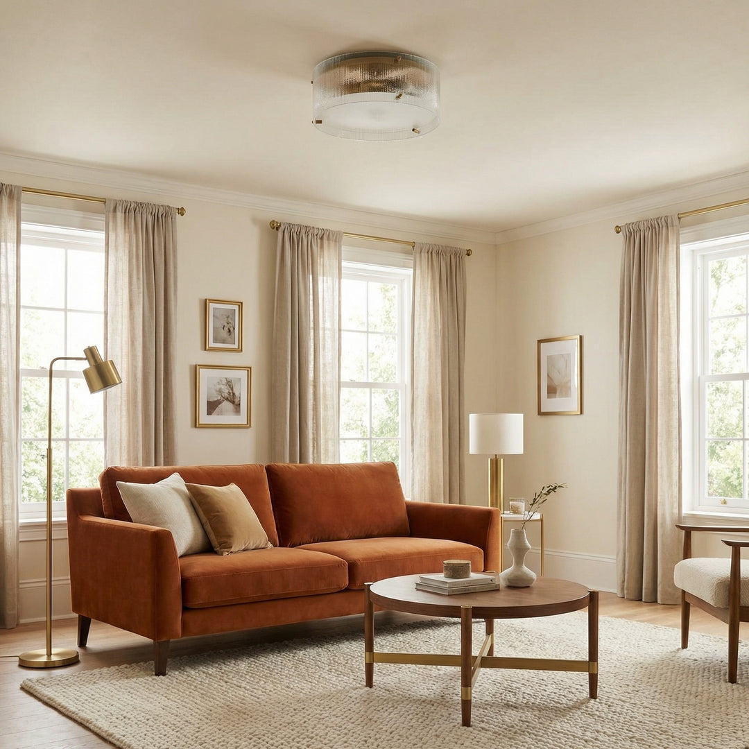 Lámpara de Techo Redonda de Latón con Vidrio Estriado Glimmerove – Montaje Empotrado de Estilo Rústico Chic para Salas y Baños