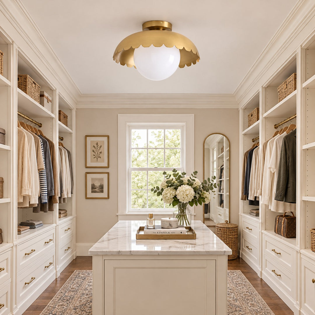 Scalloped Metal Brass Trim Globe Shade Flush Mount