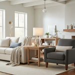 Bild in Gallery-Viewer laden, Sustaina Gebogene Tischlampe aus recyceltem Glas mit Stoffschirm – Nachhaltige moderne Akzentbeleuchtung für Wohnzimmer