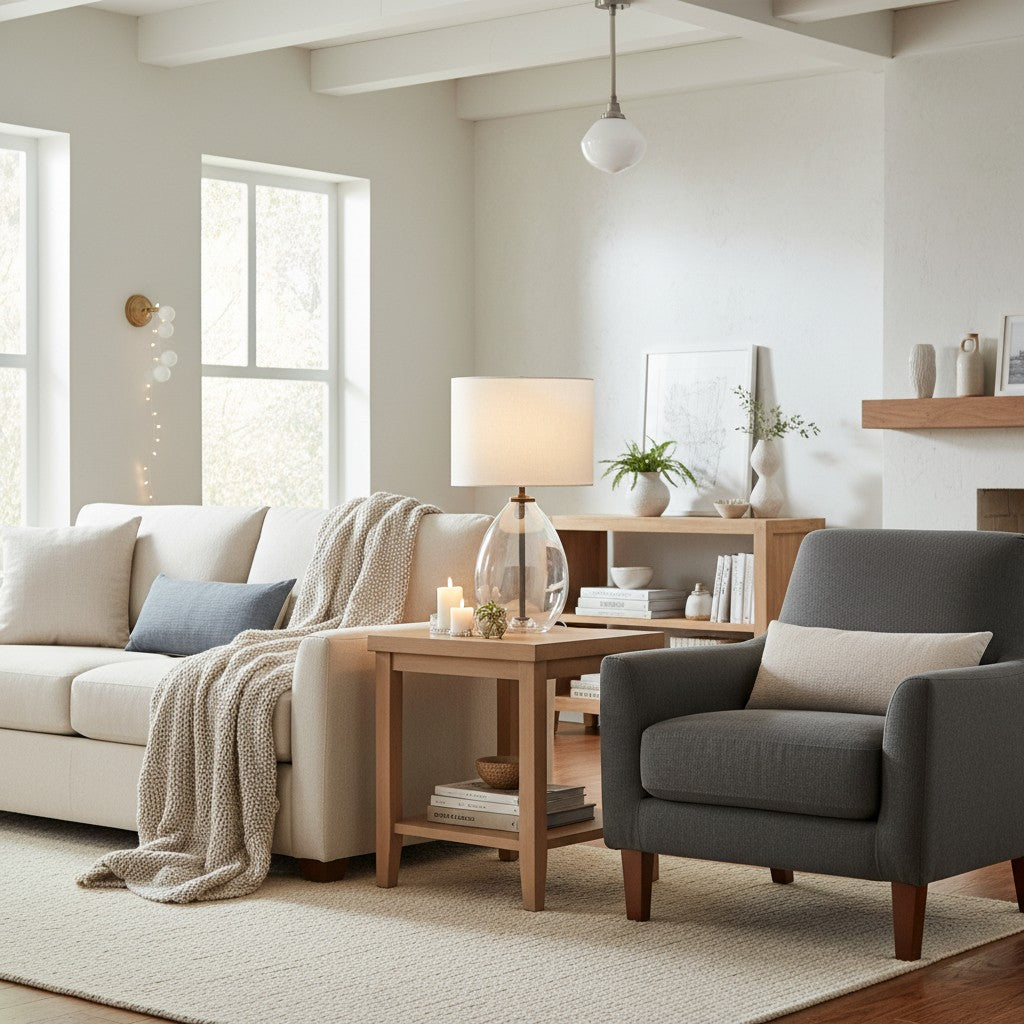 Sustaina Gebogene Tischlampe aus recyceltem Glas mit Stoffschirm – Nachhaltige moderne Akzentbeleuchtung für Wohnzimmer