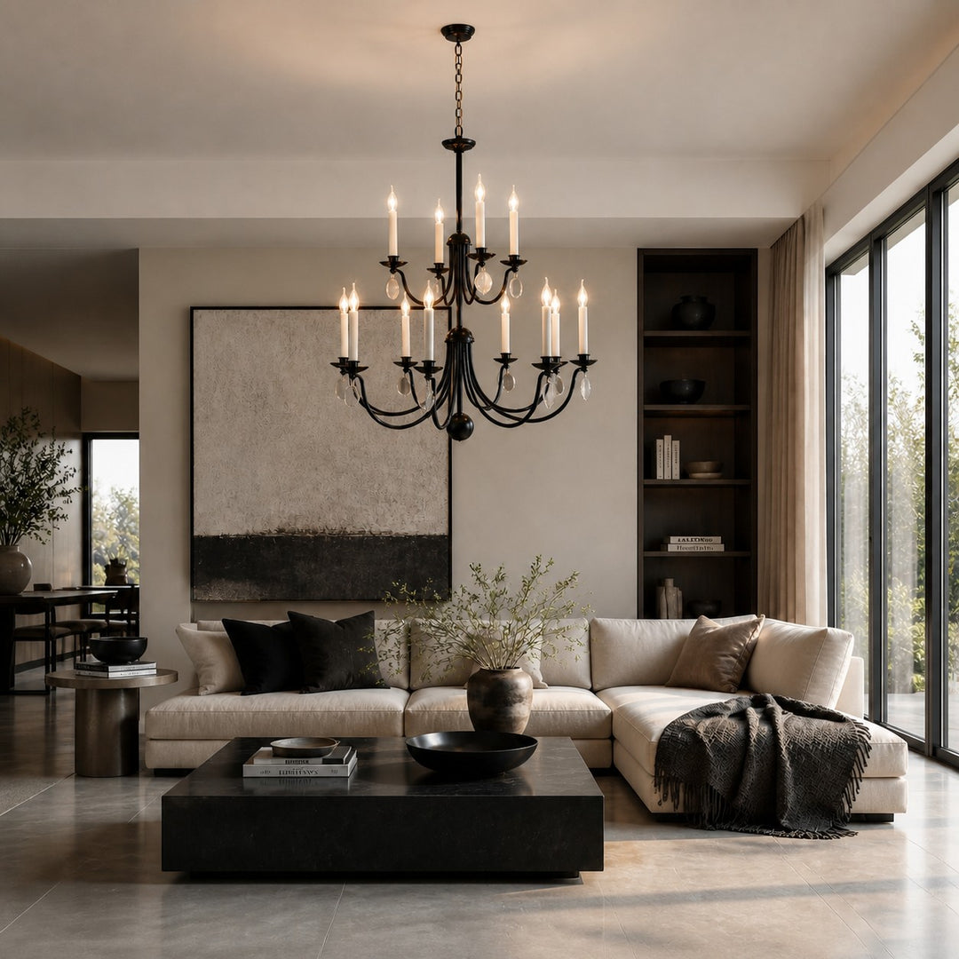 Multi-Layer Black Candle Staircase Chandelier