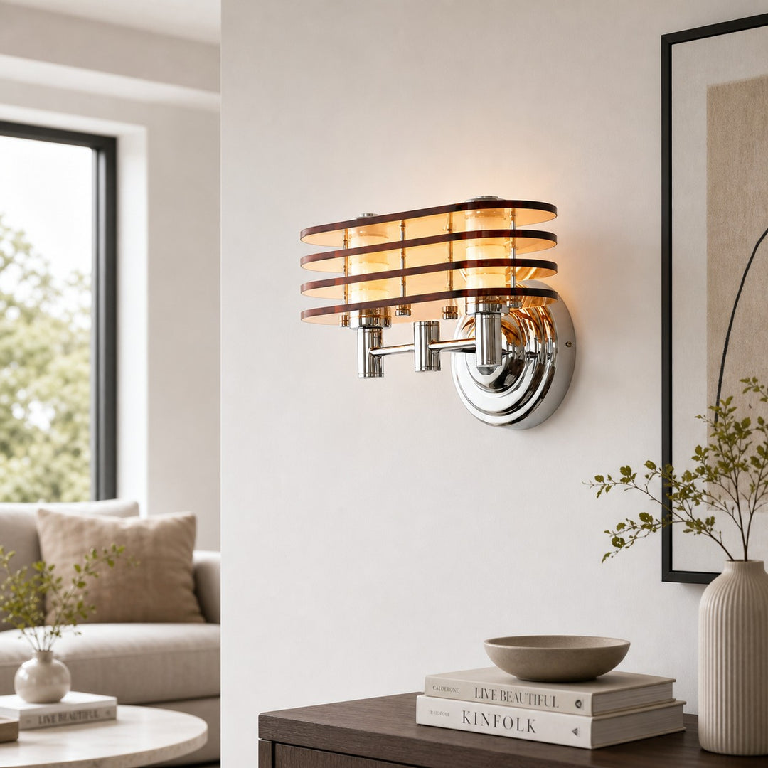 Bauhaus amber LED wall sconce illuminated in a bright living room