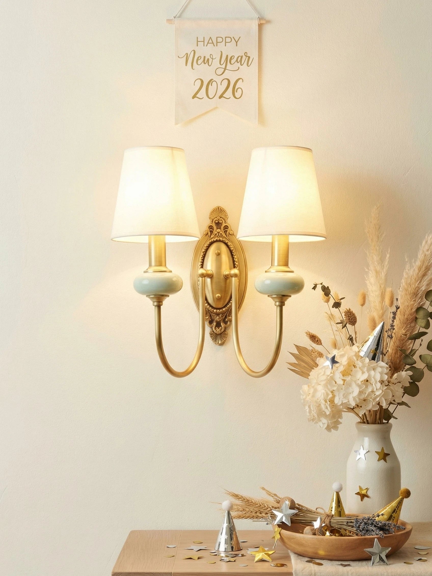 Rowan Classic Fabric Shade Sconce – Ceramic Wall Light for Hallway or Bedroom