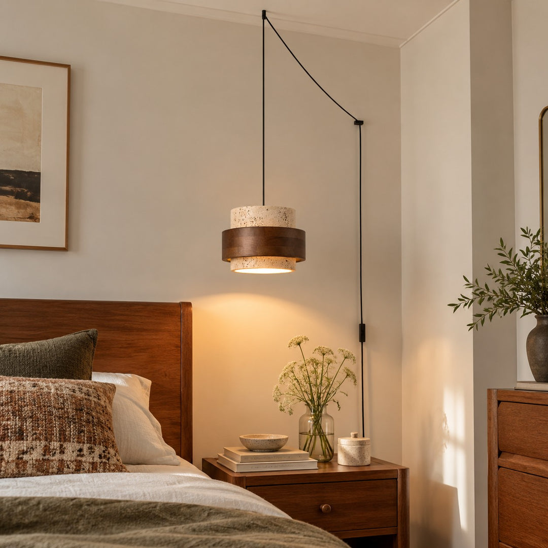 Travertine Walnut Cylindrical Plug-In Pendant