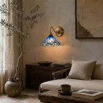 Cargar imagen en el visor de la Galería, Blue Stained Glass Wall Sconce With Curved Arm