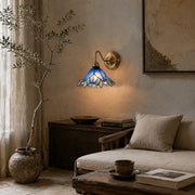 Blue Stained Glass Wall Sconce With Curved Arm