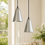 Load image into Gallery viewer, Pair of polished chrome pendant lights in a bright interior
