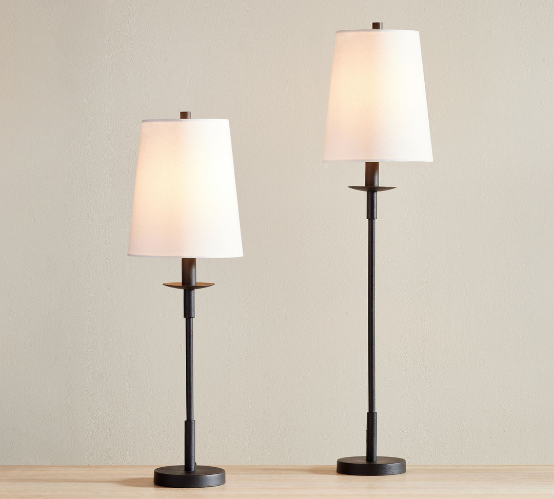 Lámpara de mesa moderna de hierro Rowan: lámpara de lectura de cabecera de lino estilo rústico industrial