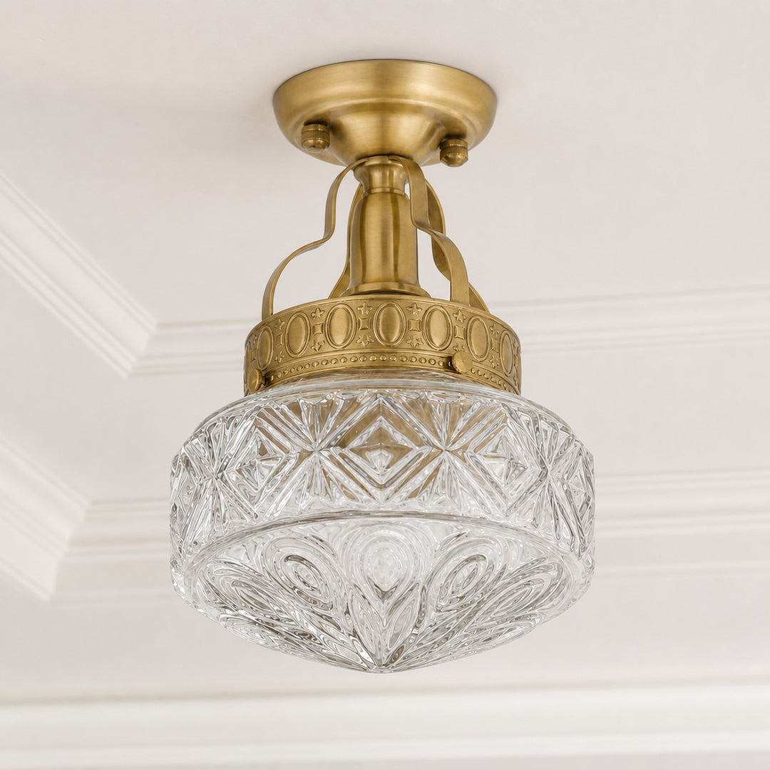 Clear Glass embossed Art Deco ceiling light in a bright classic interior