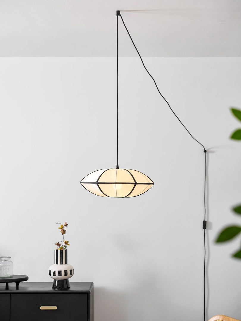 Black Metal White Fabric Plug-In Swag Pendant