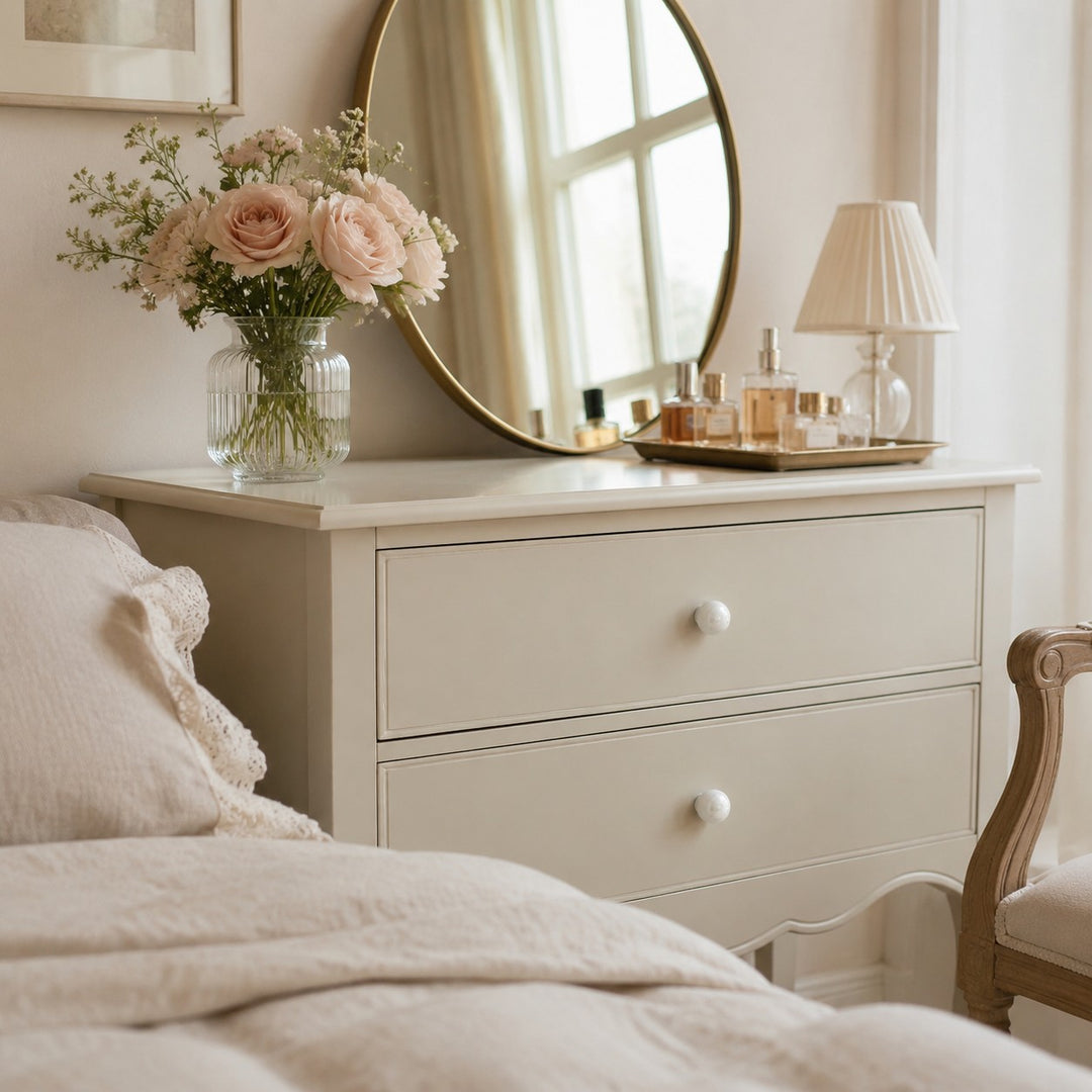 Pearl white cabinet knobs in a bedroom setting