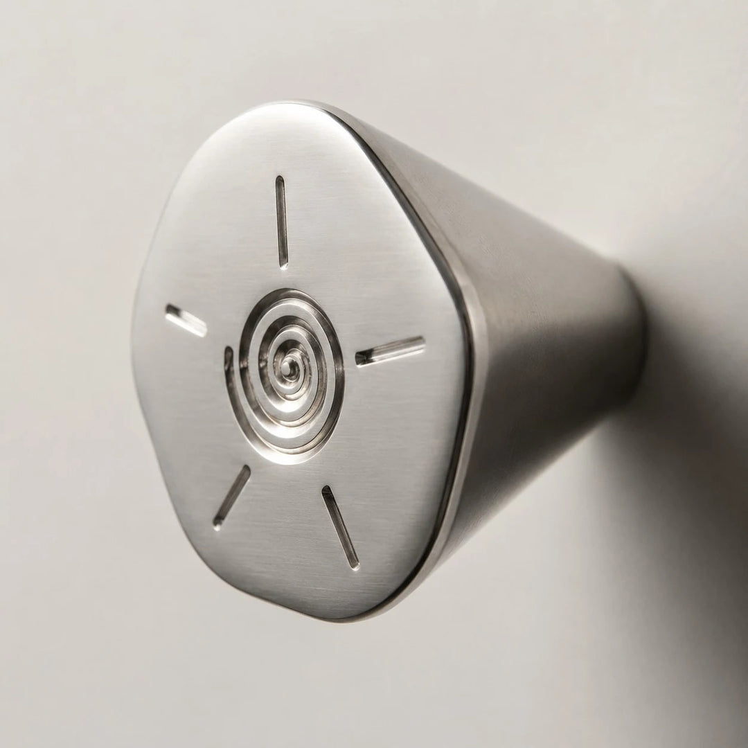 Tapered side profile of titanium silver cabinet knob
