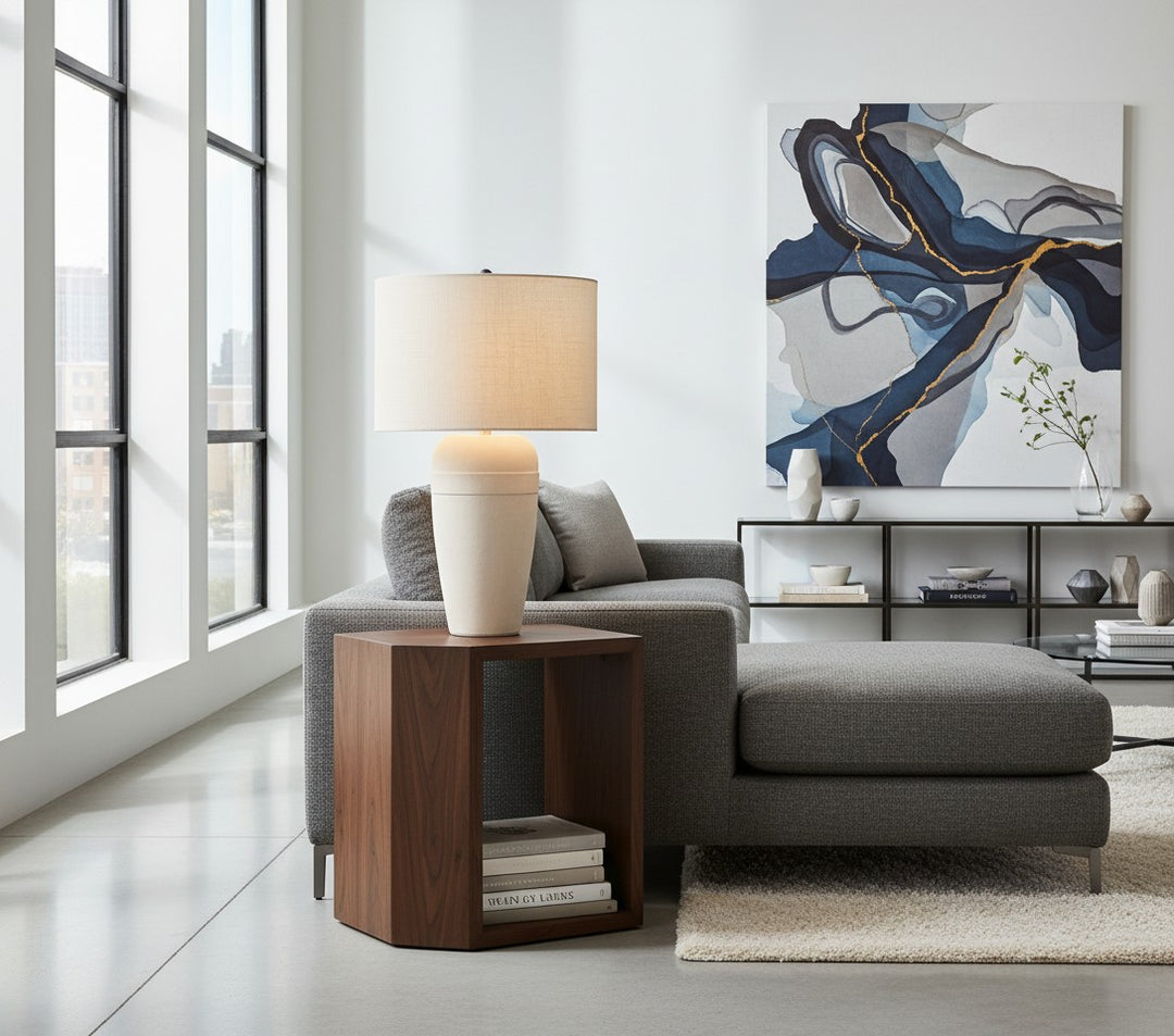 Ceruna strukturierte Keramikbasis mit Stoffschirm Tischlampe - moderne Nachttischbeleuchtung für das Schlafzimmer