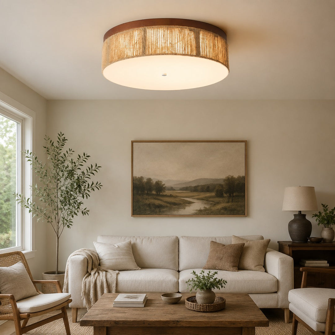 Wabi-Sabi Solid Wood and Woven Rope LED Flush Mount Ceiling Light
