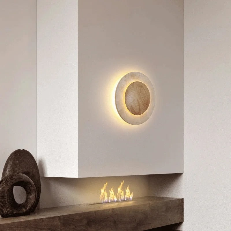 Round Travertine Wood Wall Light