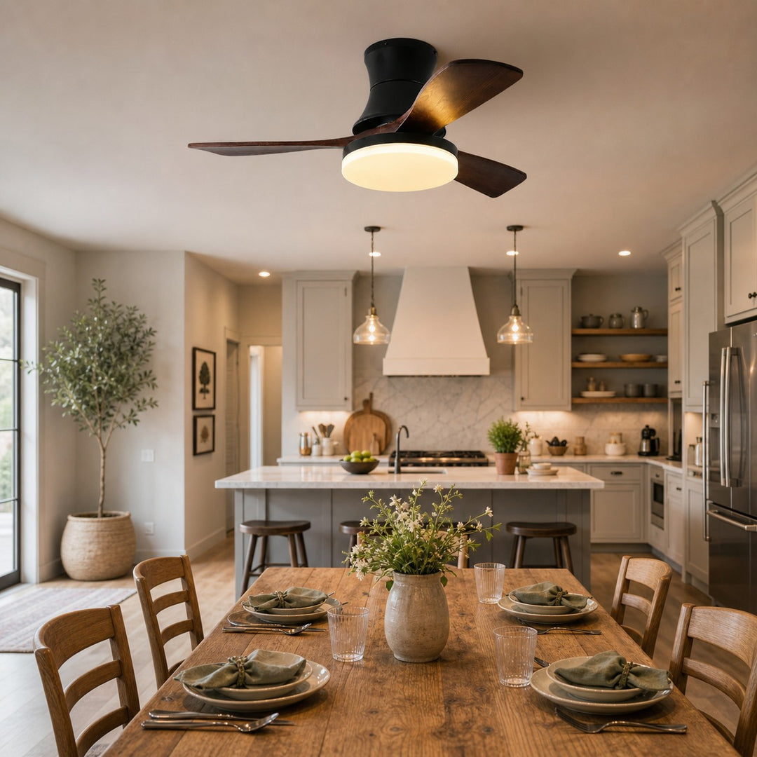 Black walnut ceiling fan light above a dining table