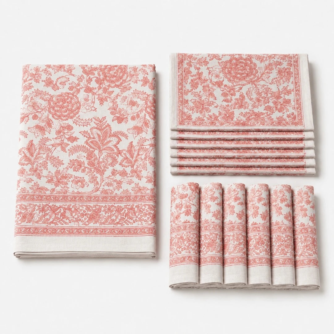 Folded soft coral vine floral cotton linen tablecloth set