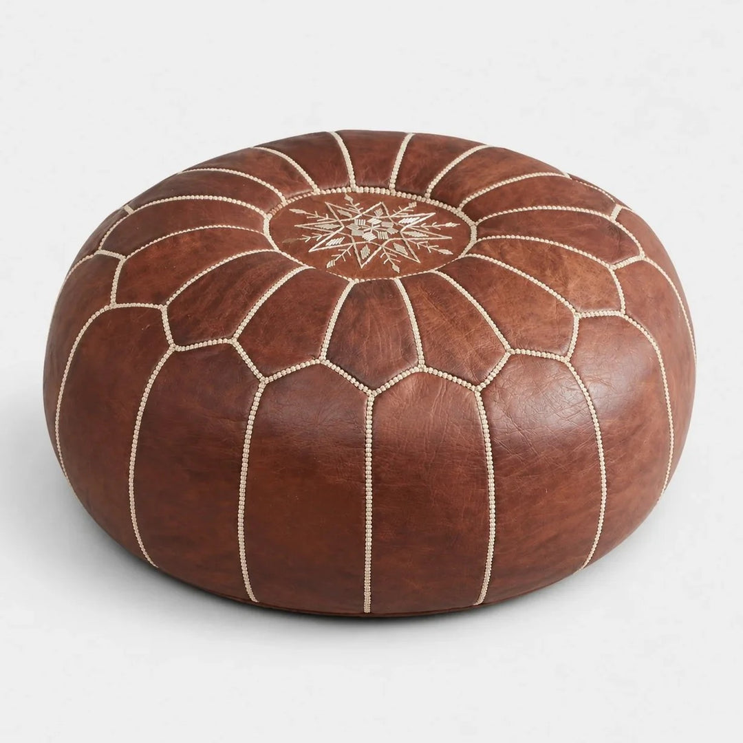 Puf otomano marroquí marrón, reposapiés redondo cosido para sala, dormitorio y decoración bohemia