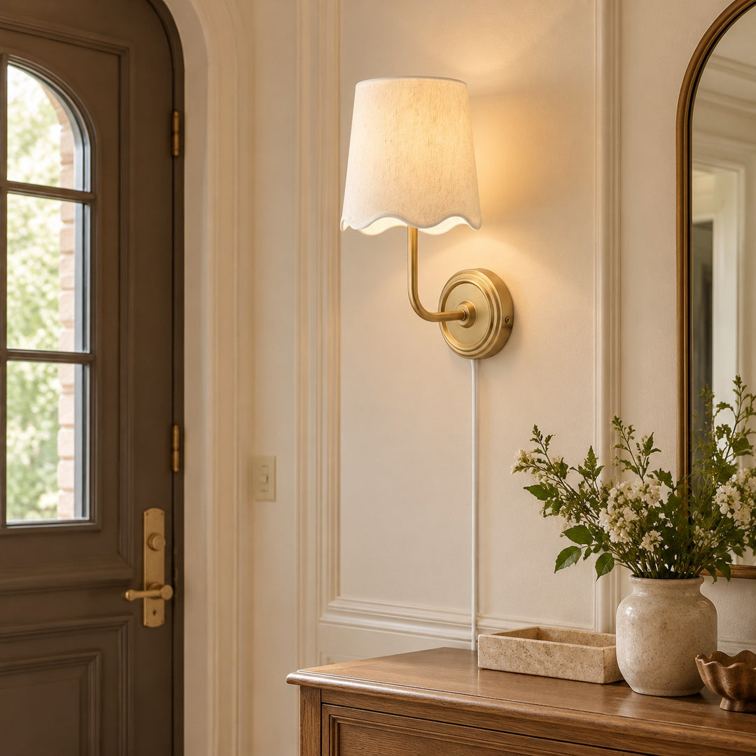 Brass Plug-In Wall Sconce with White Fabric Shade