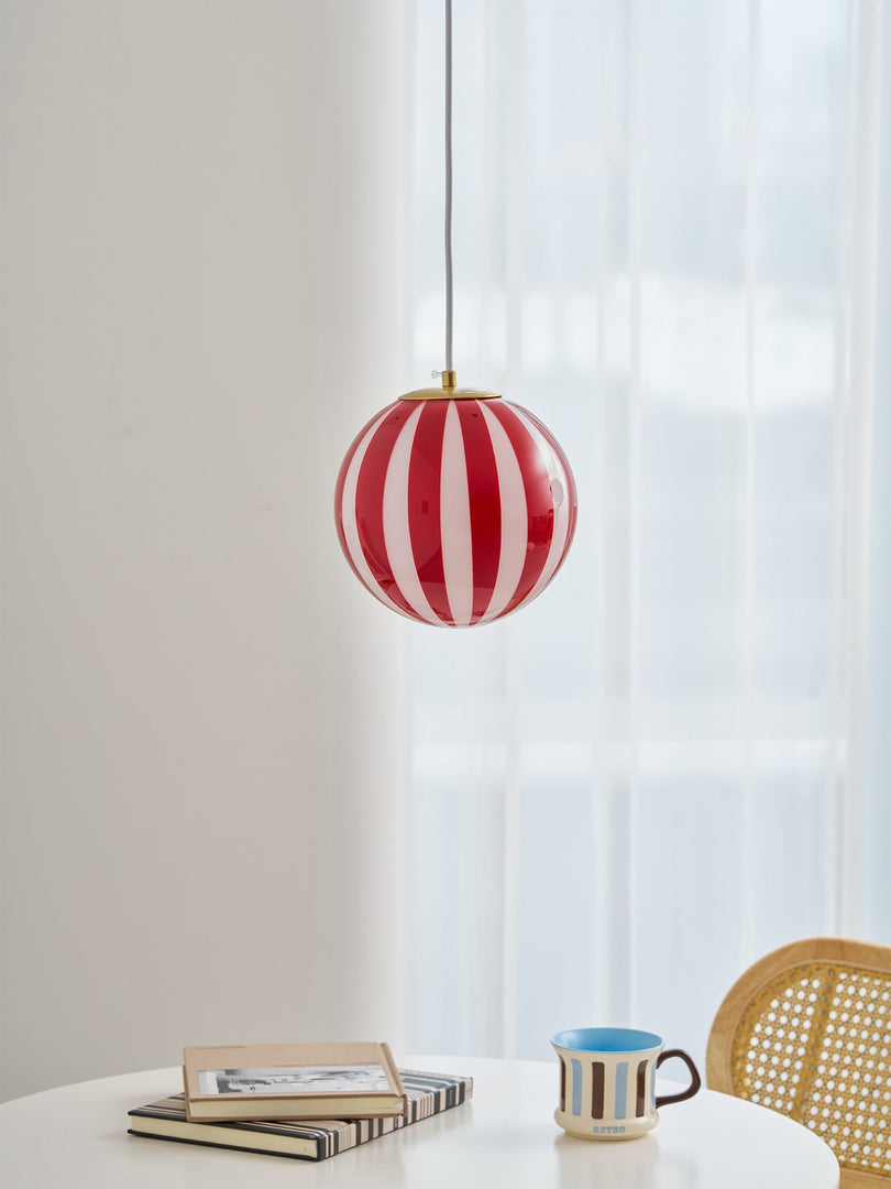Red Striped Glass Globe Hardwired Pendant