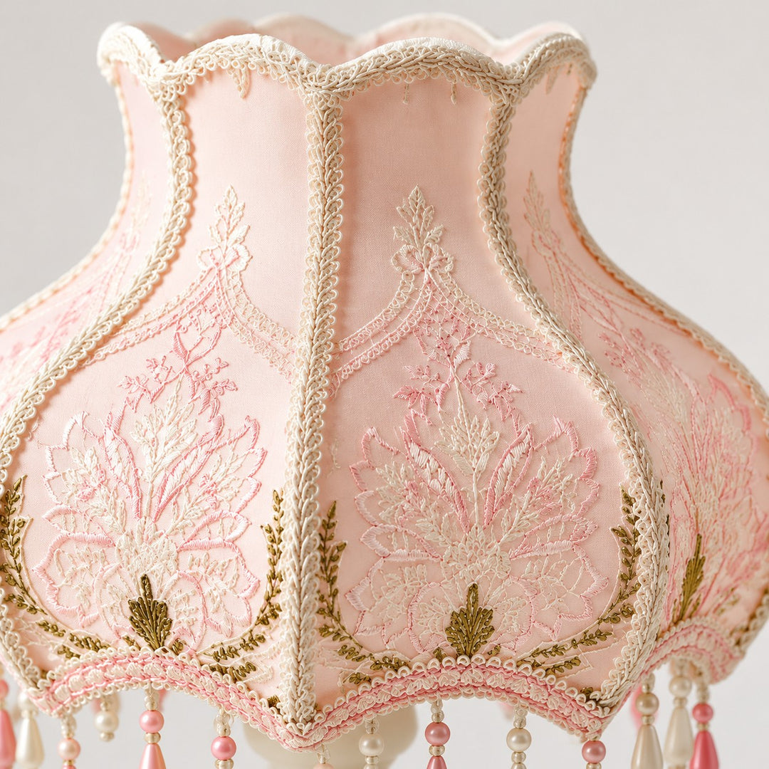 Pink embroidered fabric lampshade detail