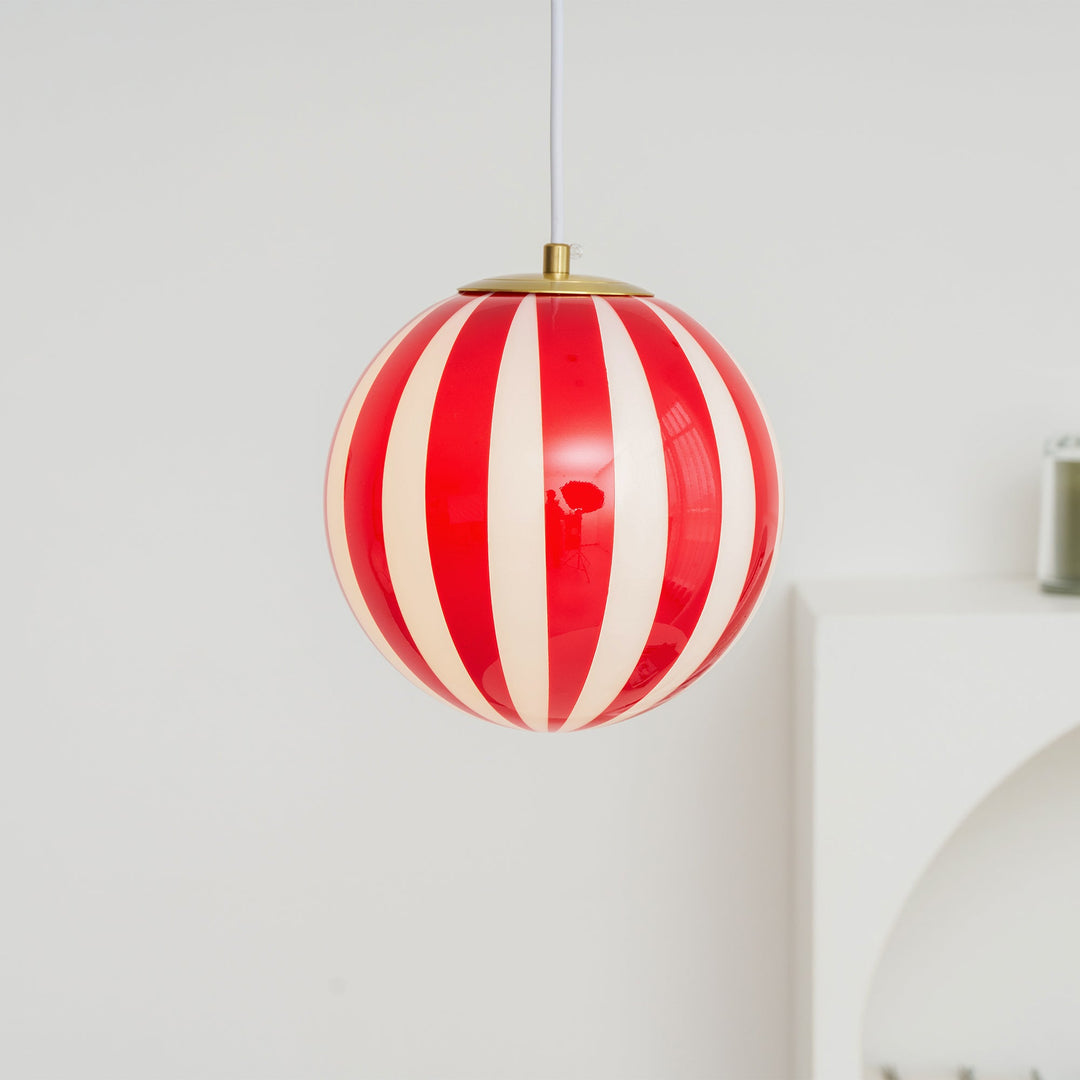 Red Striped Glass Globe Hardwired Pendant