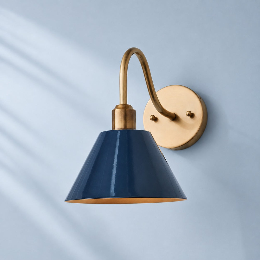 Industrial Modern Tapered Brass Gooseneck Sconce with Metal Silhouette