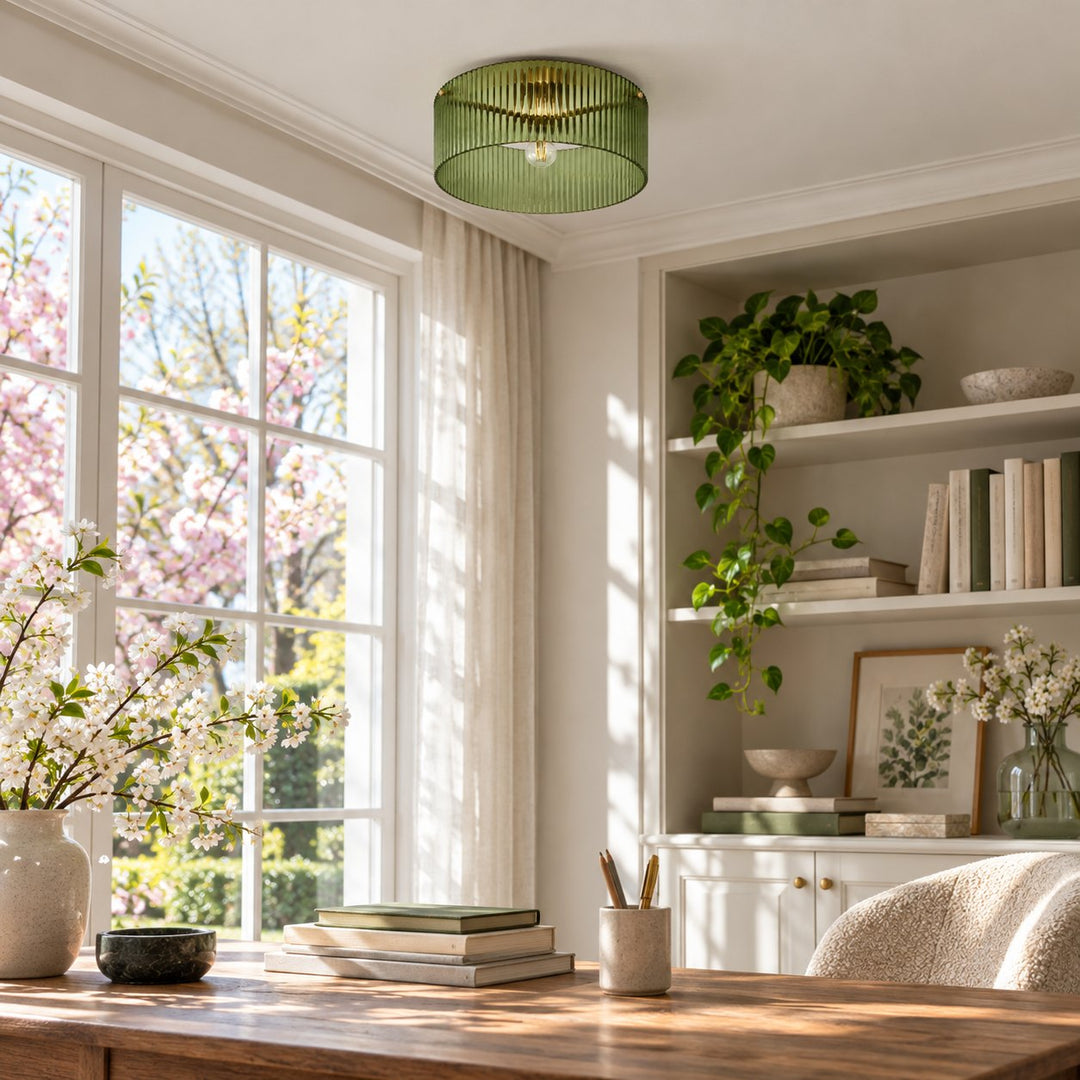Olive green ribbed glass ceiling light in a spring study