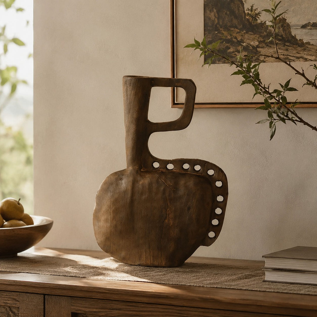 Hand-Carved Solid Wood Sculptural Vase
