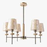 Load image into Gallery viewer, White five-light shell mosaic and travertine chandelier