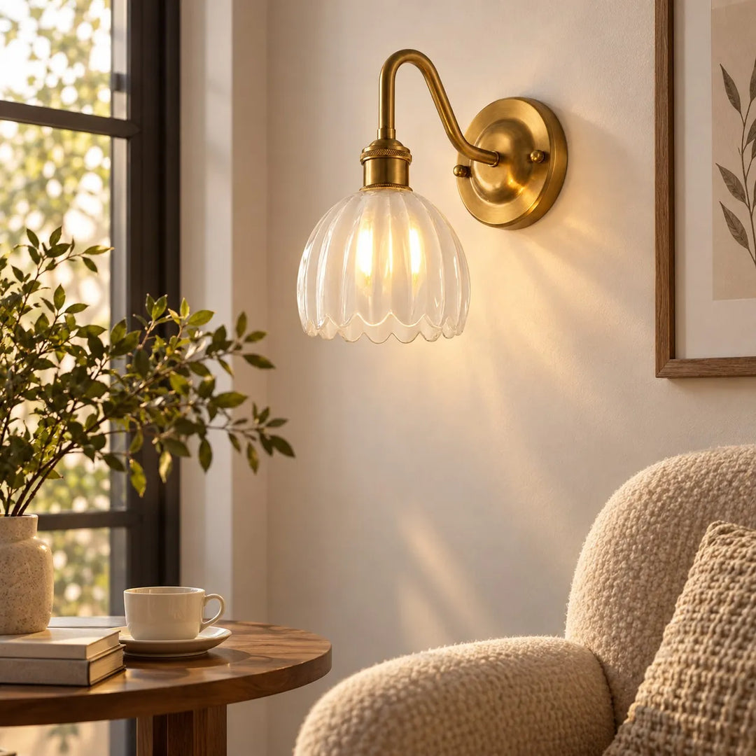Vintage Brass Flower Glass Wall Lamp