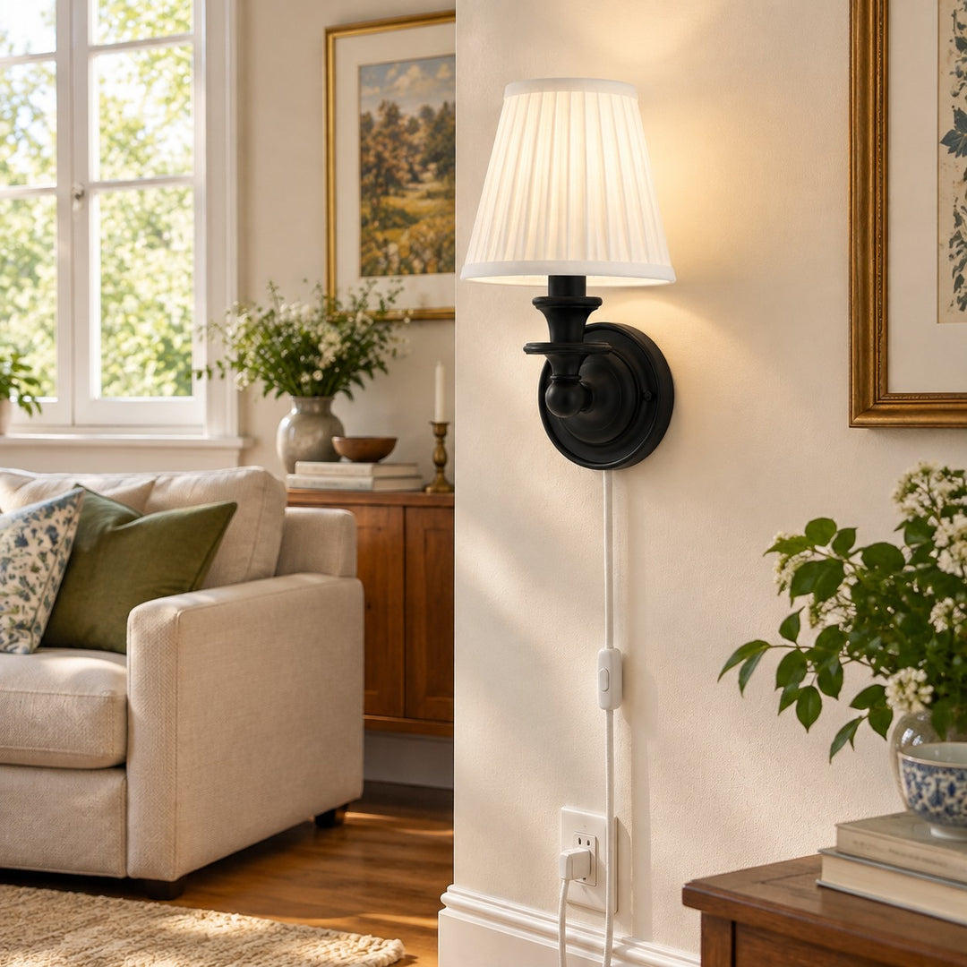 Rowan No-Wire Pleated Drum Shade Wall Sconce – Plug-In Fabric Wall Light