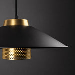 Bild in Gallery-Viewer laden, Close angled view of the matte black conical shade and brass center structure