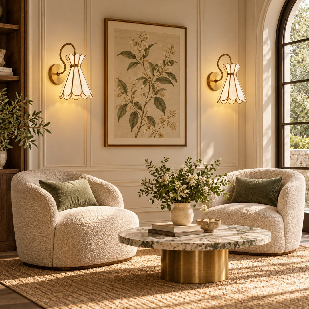 Brass Band Hourglass Shade Capiz Petal Wall Light