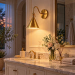 Cargar imagen en el visor de la Galería, Marble vanity, brass-finish cone, lights on