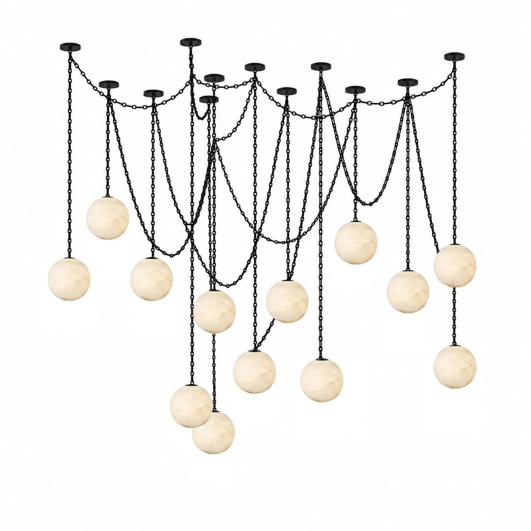 Black Metal Alabaster Globe Hardwired Chandelier
