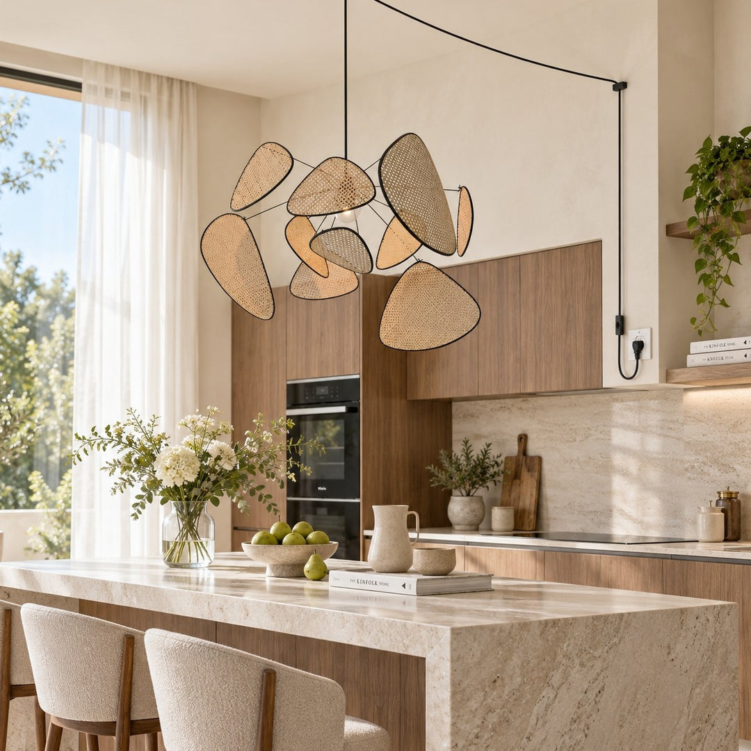 Layered Rattan Chandelier With Plug-In Cord