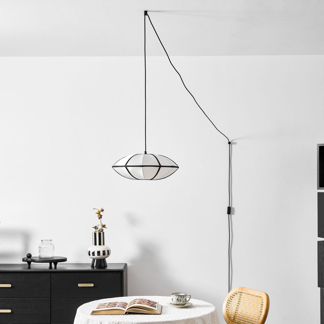 Black Metal White Fabric Plug-In Swag Pendant