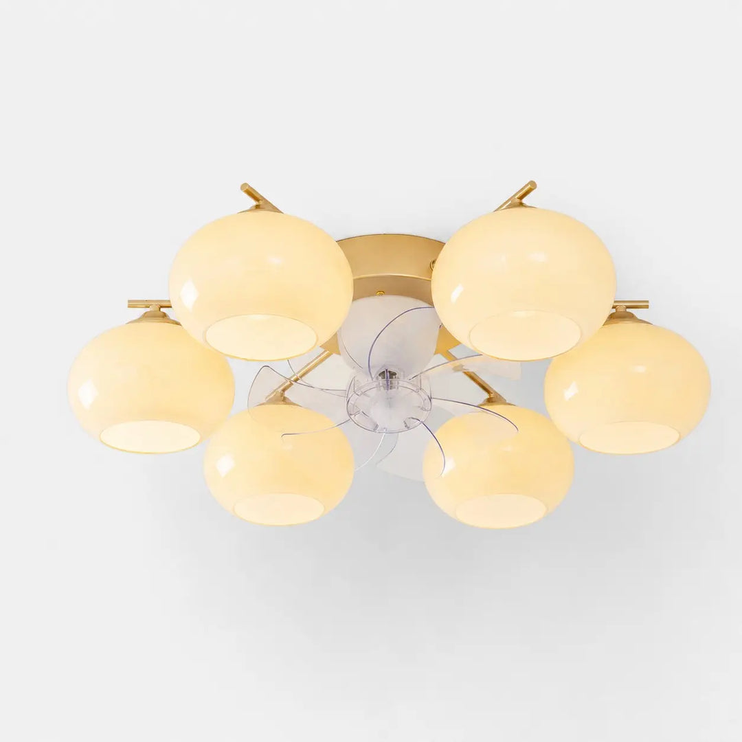 6-light modern gold ceiling fan light with white glass shades