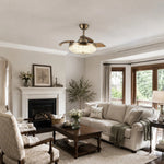 Cargar imagen en el visor de la Galería, Classic living room with brass ceiling fan light above seating