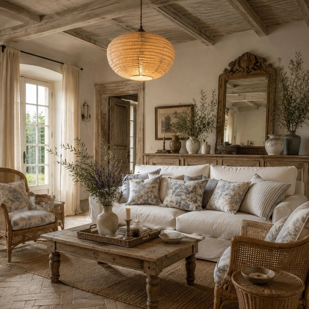 Round fabric pendant light above a soft vintage living room