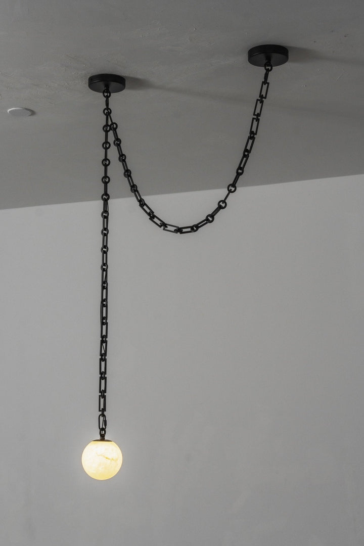 Black Metal Alabaster Globe Hardwired Chandelier