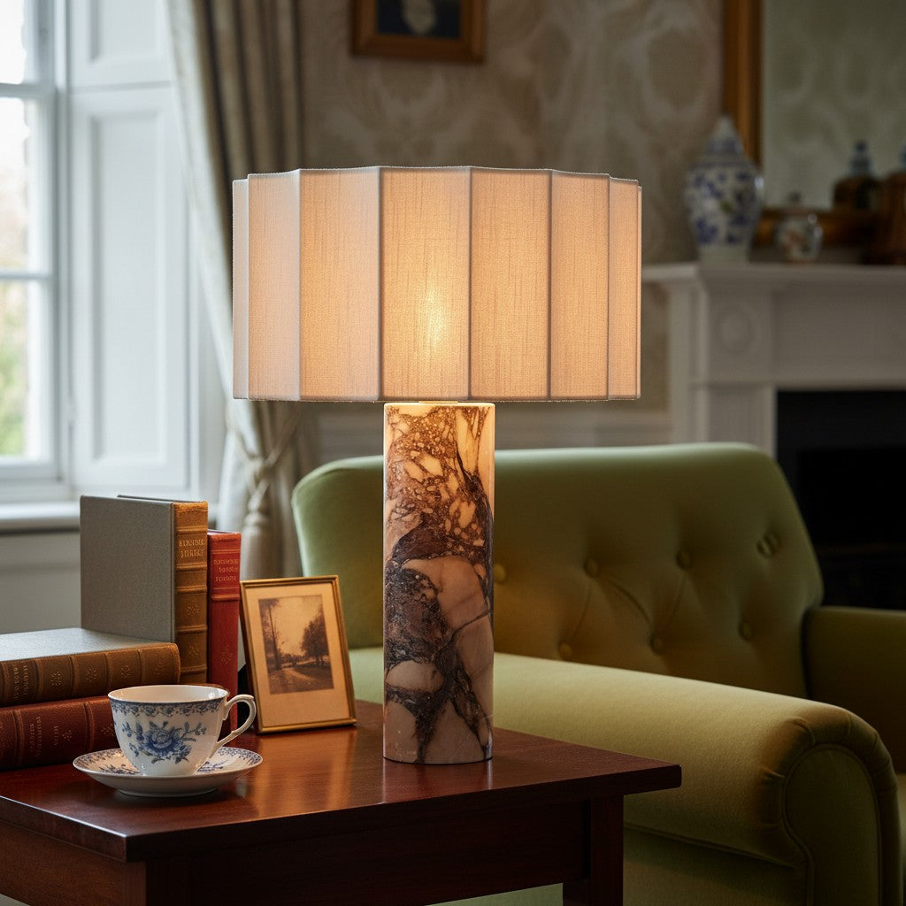 Cavilon Modern Artisanal Marble Accent Table Lamp with Soft Fabric Shade for Living Room and Bedroom