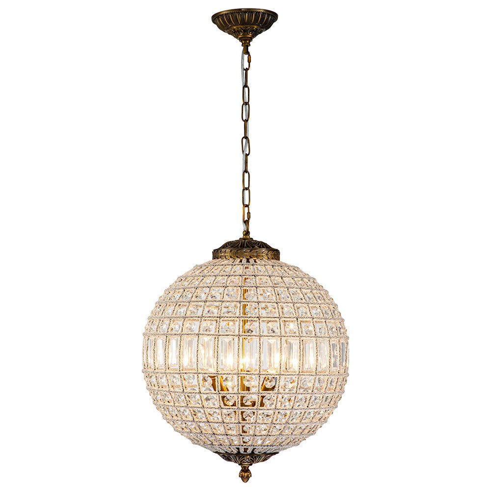 Lustre globe en cristal vintage luxueux avec finition en laiton antique