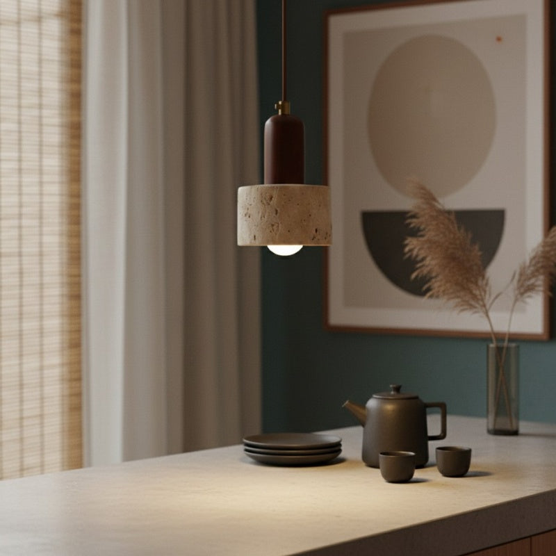 Lámpara colgante minimalista japonesa de madera y travertino WabiLum - Iluminación elegante para el dormitorio